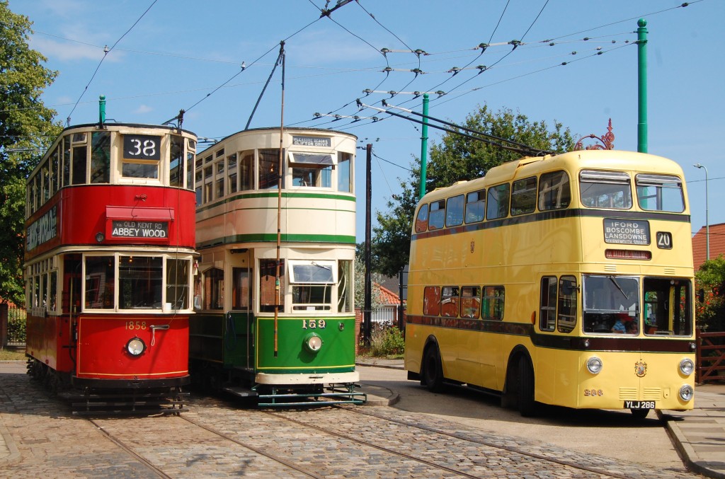 East Anglia Transport Museum, Carlton Colville, Suffolk: London tram 1858, Blackpool tram 159 and Bournemouth trolleybus 206